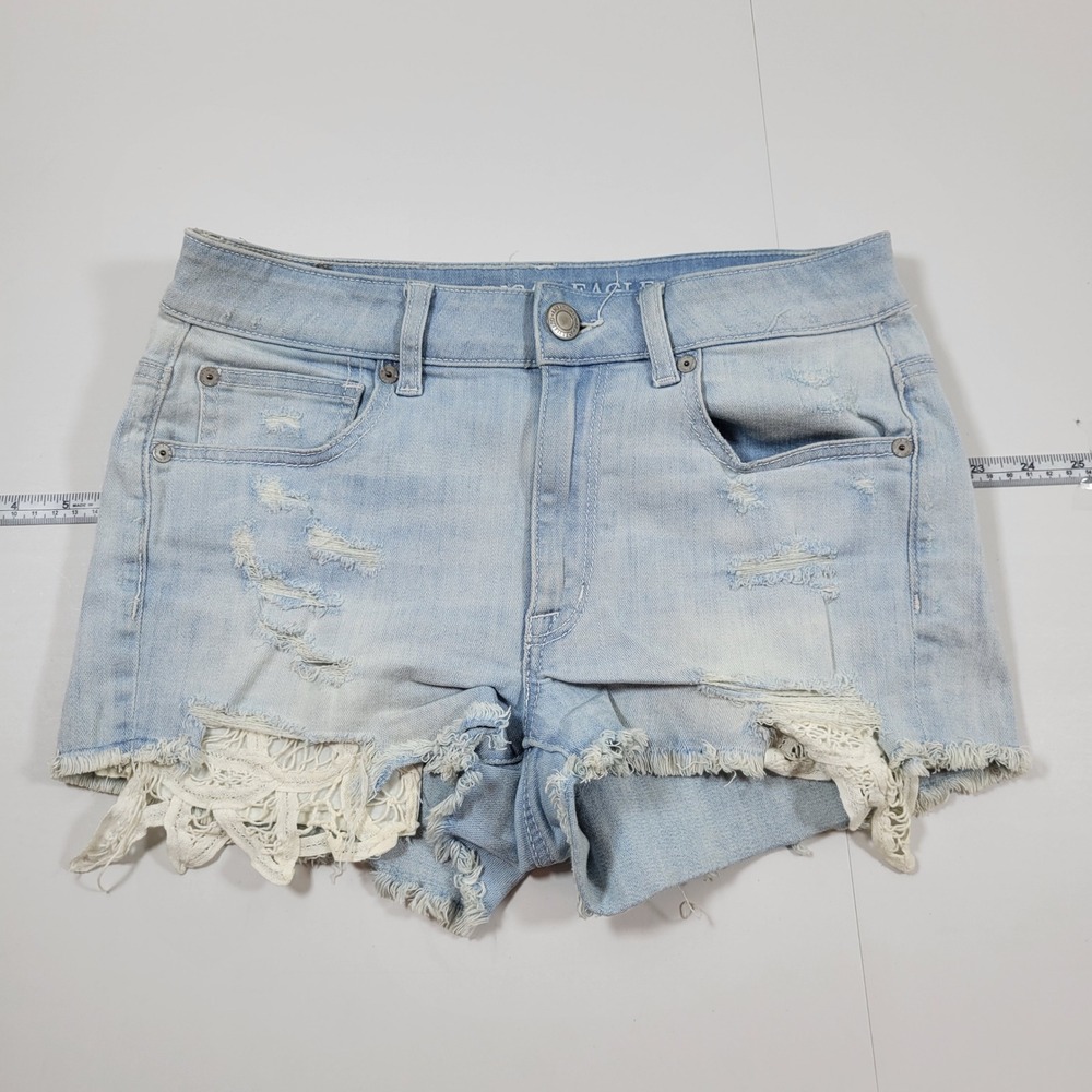 American Eagle Denim Short Women 6  Blue Excellent Hi-Rise Lace Crochet Distress